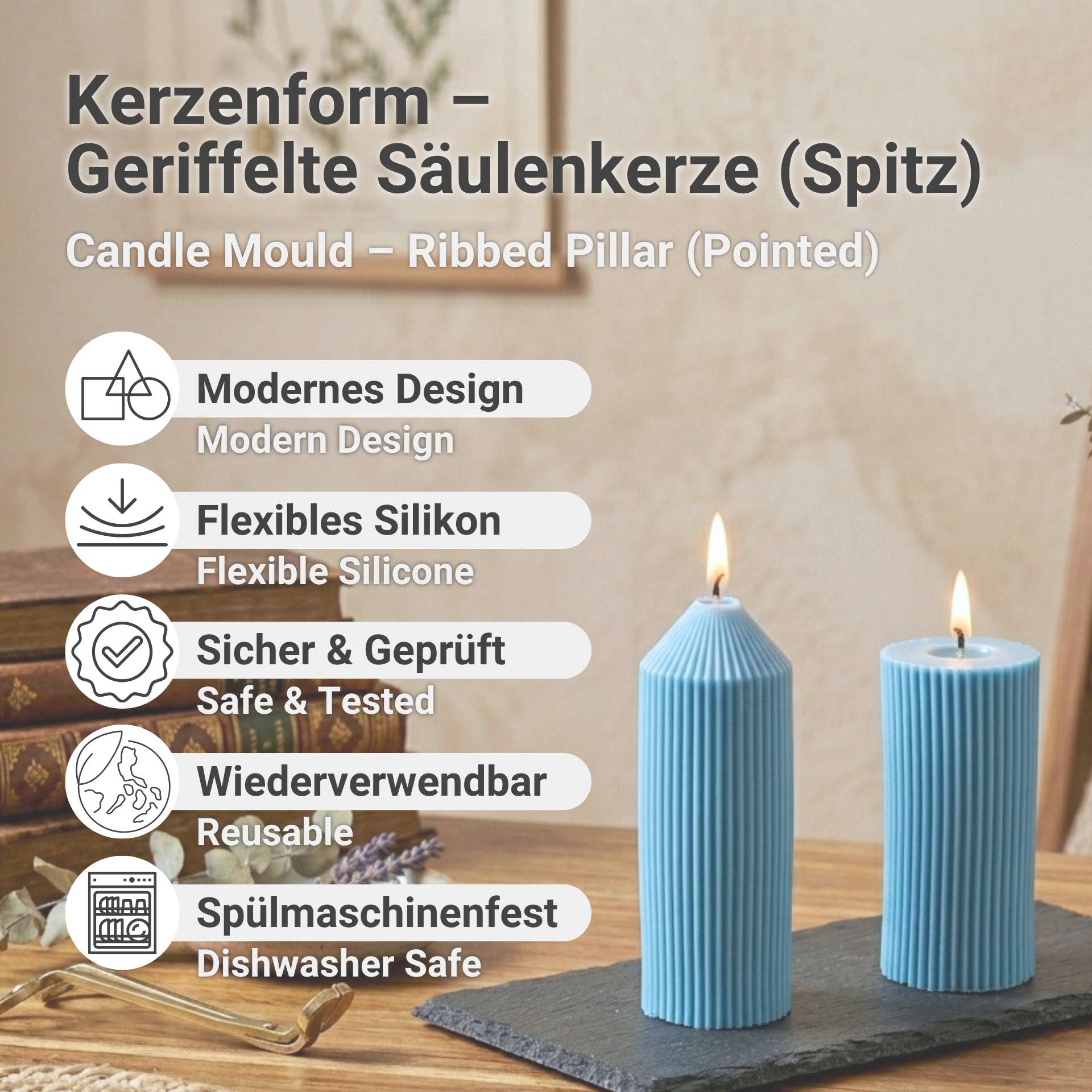 Vorteile unserer geriffelten Säulenkerze (Spitz) Kerzenform