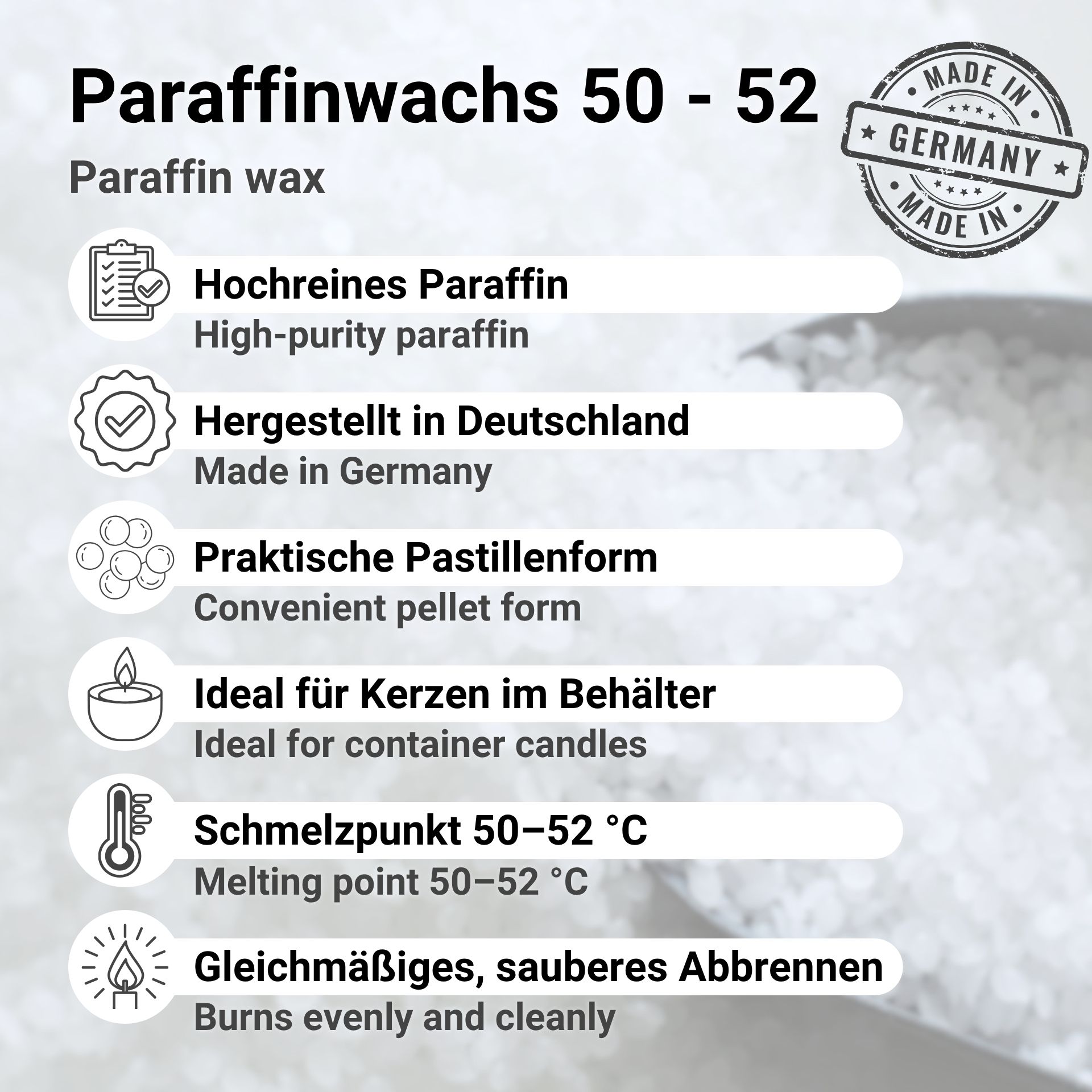 Paraffinwachs Pastillen 50–52 °C, Vollraffiniert, Made in Germany