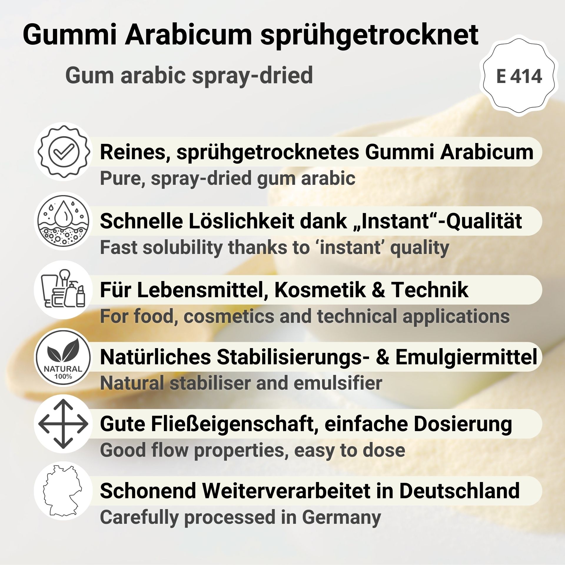 Gummi Arabicum sprühgetrocknetes Pulver E 414