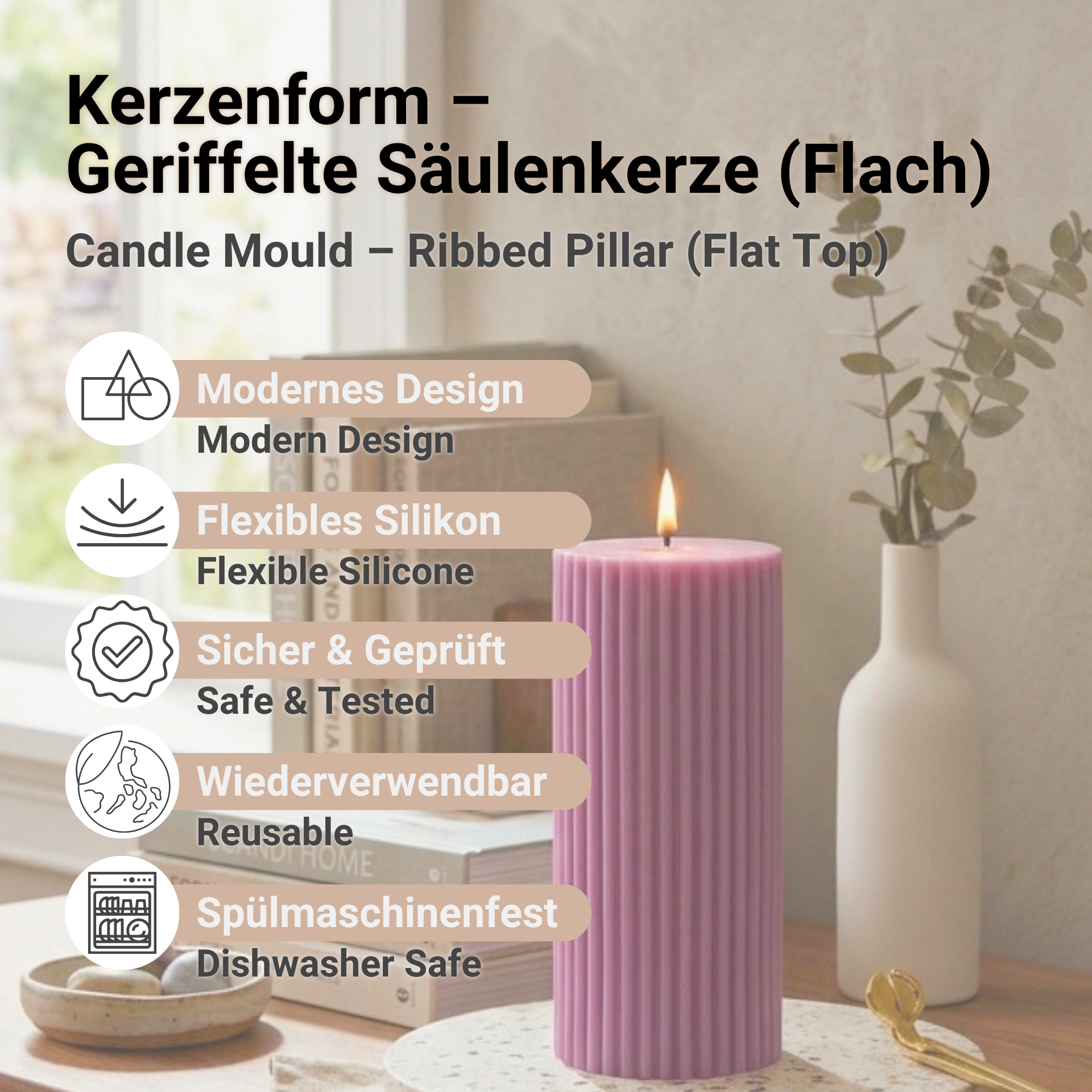 Vorteile unserer geriffelten Säulenkerze (flach) Kerzenform