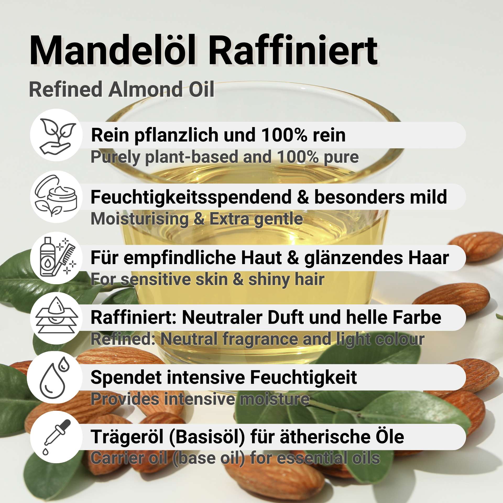 Raffiniertes Mandelöl 100 % rein - Süßmandelöl (Prunus Amygdalus Dulcis)