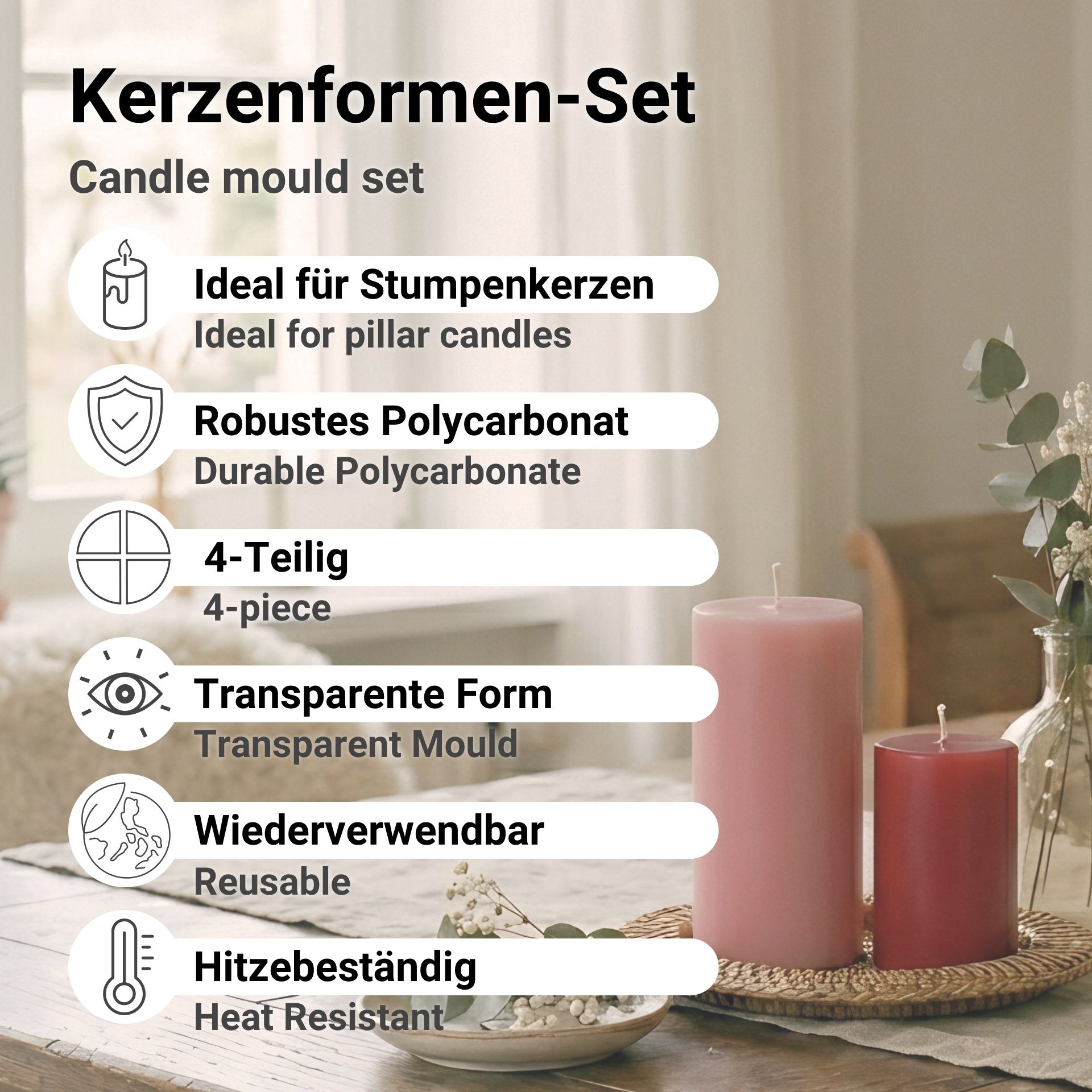 4-teiliges Kerzenformen-Set – Stumpenkerze, Säulenkerze, Kegel & Kugel